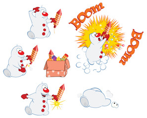 Cartoon Illustration of a Funny Christmas Snowman and Fireworks for you Design
