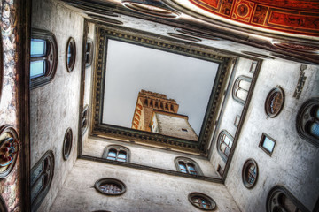 Palazzo Vecchio steeple seen from the courtyard in Florence