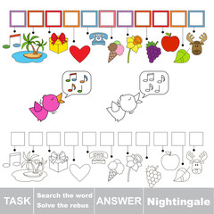 Vector game. Find hidden word Nightingale. Search the word.