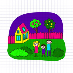 Vector image of happy family. Notebook paper. 