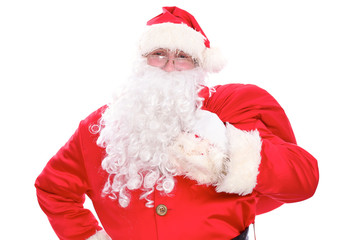 Kind Santa Claus carrying big bag, isolated on white background