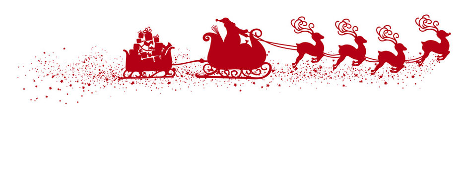 Fliegender Weihnachtsmann mit Rentierschlitten, Anhänger mit Geschenken und Schweif. Freigestellte, rote Vektor Silhouette. Isoliert weißer Hintergrund. Shape, Kontur, Schattenriss Vorlage. Symbol
