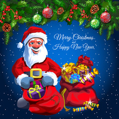Greeting card with Christmas decoration and Santa with two bags of gifts and candys