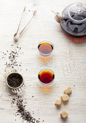 Black tea in a transparent teapot and cups 