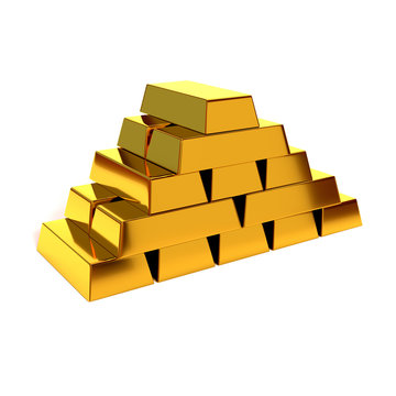 Pyramid of shiny gold bars on a white background. 3D illustratio