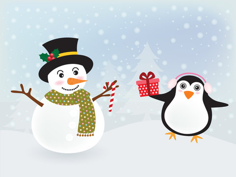 Vector of Christmas card, postcard or banner design with cute snowman and lovely penguin hold a red gift on a snow background
