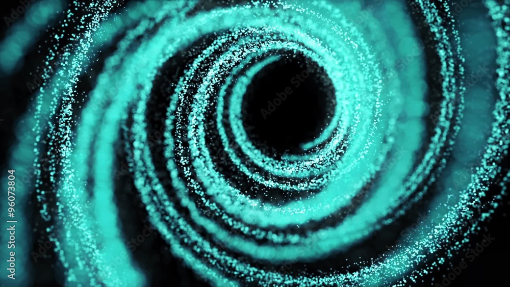 Poster flight through abstract blue spiral motion from particles with amazing depth of field