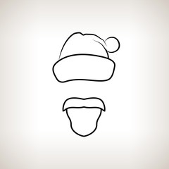 Santa Claus Face on a Light  Background ,  Santa Claus  with a Beard, Mustache and Hat with Pompon without a Face, Christmas Decorations, Drawing in Linear Style , Vector Illustration