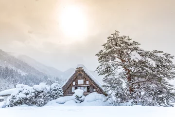Fotobehang Shirakawago with Sun Snow © vichie81