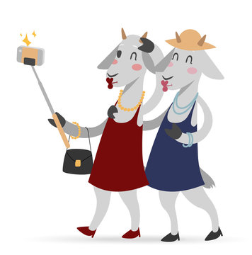 Selfie photo goat girls couple frinds vector portrait illustration on white background
