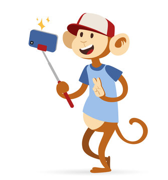 Selfie photo monkey ape boy hipster with cap vector portrait illustration on white background