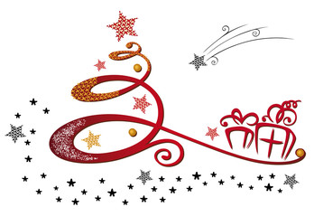 Naklejka premium Weihnachtliche elegante Tannenbaum-Silhouette mit Sternen und Geschenken