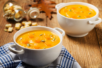 soup, cream of pumpkin served with roasted seeds and croutons.