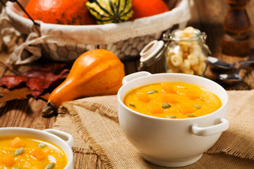 soup, cream of pumpkin served with roasted seeds and croutons.