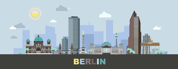 The landscape of Berlin with modern and historical buildings of the city. Vector illustration.