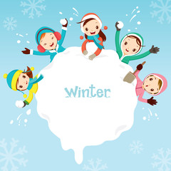 Obraz na płótnie Canvas Children Playing Snow Together Around Snowdrift, Activity, Travel, Winter, Season, Vacation, holiday, Nature, Object