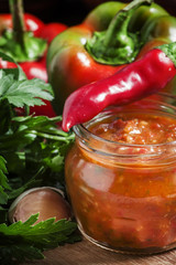 Traditional Georgian sauce with hot pepper - adjika, selective f