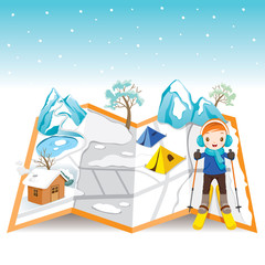 Boy Skiing On Map With Winter Landscape, Activity, Travel, Winter, Season, Vacation, holiday, Nature, Object