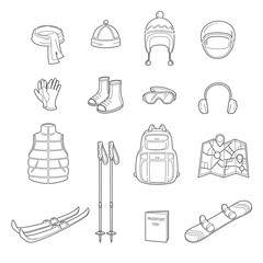 Winter Equipment Linear Icons Set, Equipment, Winter, Season, Vacation, holiday, Object, Activity, Travel