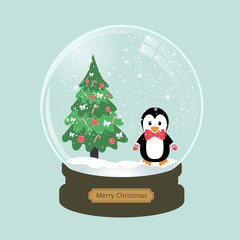 christmas snow globe with penguin and fir-tree 