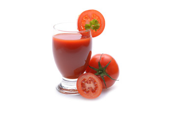 Fresh tomato juice on white background