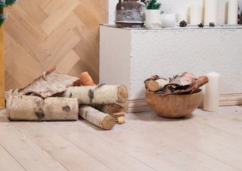 Birch firewood on the floor
