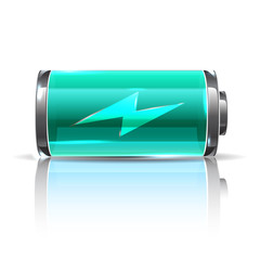 Vector vivid mint color battery, full charge with lighting. Realistic illustration for energy project