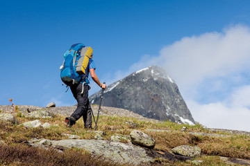 Young woman is hiking in highlands of Altai mountains, Russia