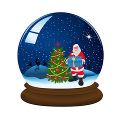 magic snow ball with Santa and Christmas tree, vector illustration