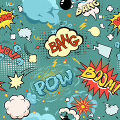 Seamless Comic Book Explosion, Bombs And Blast Set.  bubbles for speech, different sounds and arrows