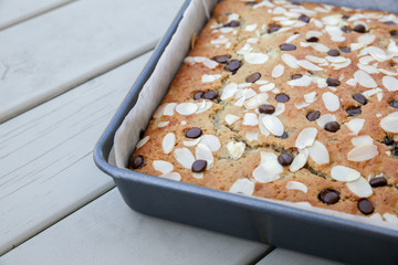Homemade banana chocolate chip almond cake in baking tray