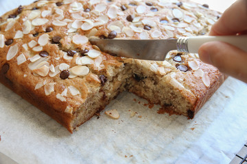 Homemade banana chocolate chip almond cake