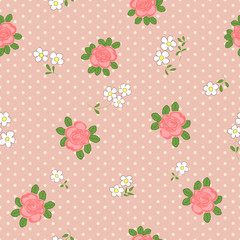 Seamless pattern with cartoon daisies and roses.