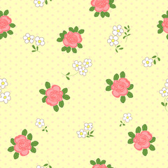 Seamless pattern with cartoon daisies and roses.