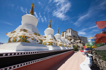 Buddhist white stupa and blue sky . Thiksey Monastery,  Leh , Ladakh, India