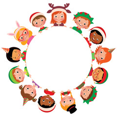 Children of different nationalities in the costumes of Christmas in the circle/Cartoon vector illustration of children of the world in costumes Christmas isolated on white background