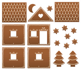 Gingerbread house components in order to be build up. Isolated vector illustration on white background.