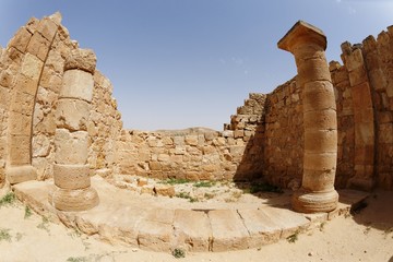 Filsheye view of ancient temple colonnade in Ovdat, Israel