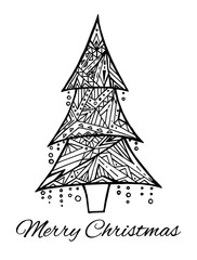 Card with doodle black and white Christmas tree and greetings. 