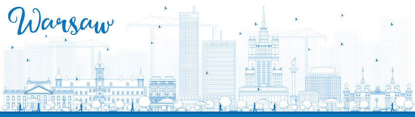 Outline Warsaw skyline with blue buildings. Some elements have transparency mode different from normal