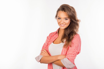 Fototapeta premium Pretty calm and confident young woman crossed hands