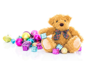 Teddy bear with gifts and ornaments christmas
