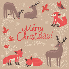 Christmas card with deer and foxes