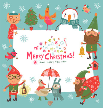 Christmas background with cute elves
