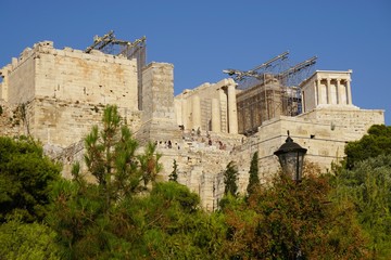 The ancient Acropolis of Athens with the Parthenon, currently undergoing renovation