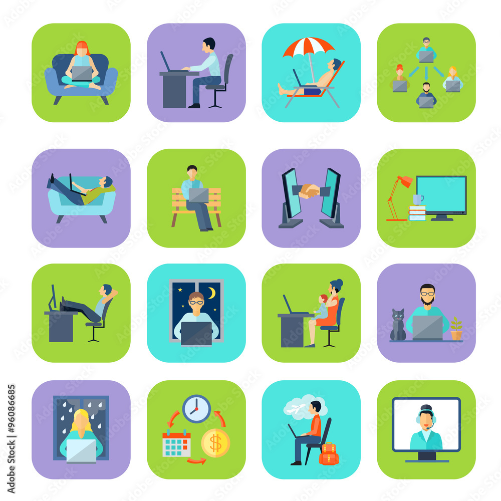 Poster freelance flat color icon set