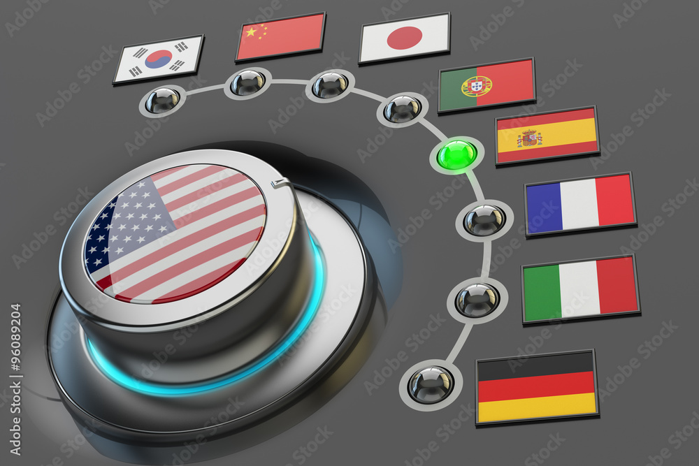 Poster online translator technology concept, multi-language web or app interface, switch knob language sele