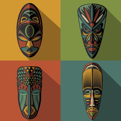 Set of African Ethnic Tribal masks on colour background