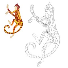 Vector decorated Indian Monkeys. Hand drawn illustration. Coloring book
