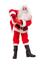 Santa Claus pulls a hat Christmas box isolated on white background